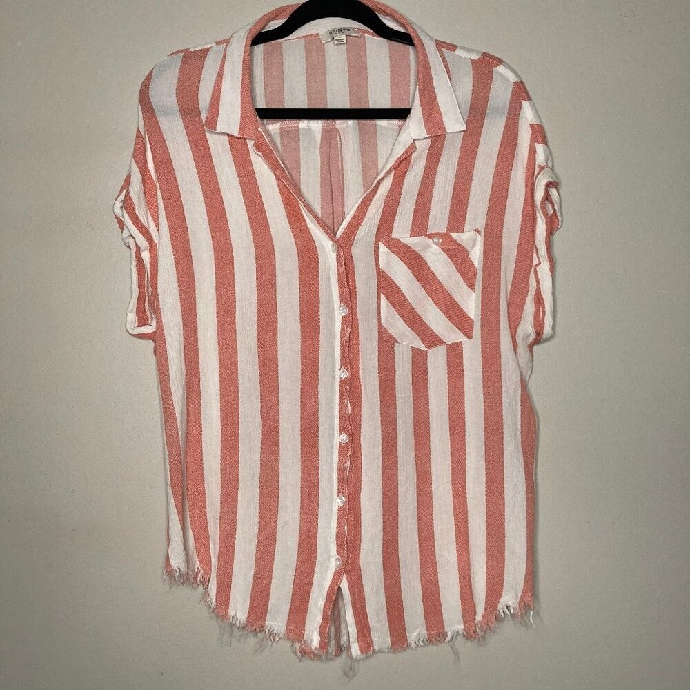 Umgee USA Coral White Striped Button Up Top Frayed‎ Hem Short Sleeve Large
